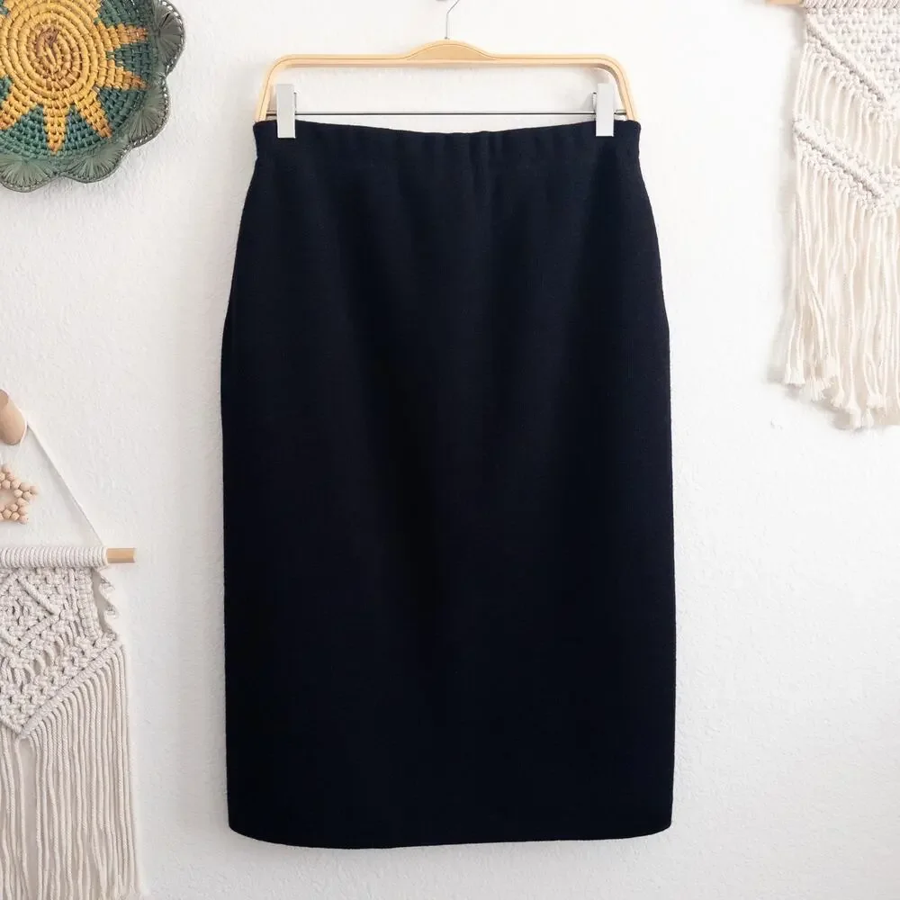 Saint James Black Knit Pure New Wool Pencil Skirt Size 14 Made In France Vintage